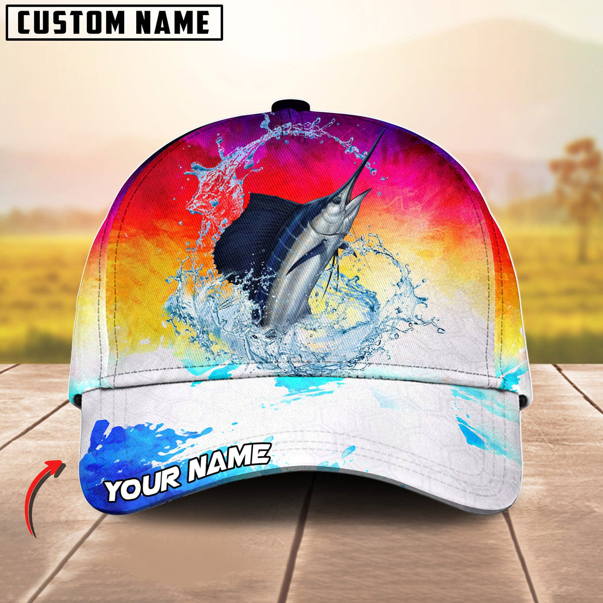 BlueJose Fishing Vibrant Sunset Personalized Cap (13 Breeds)