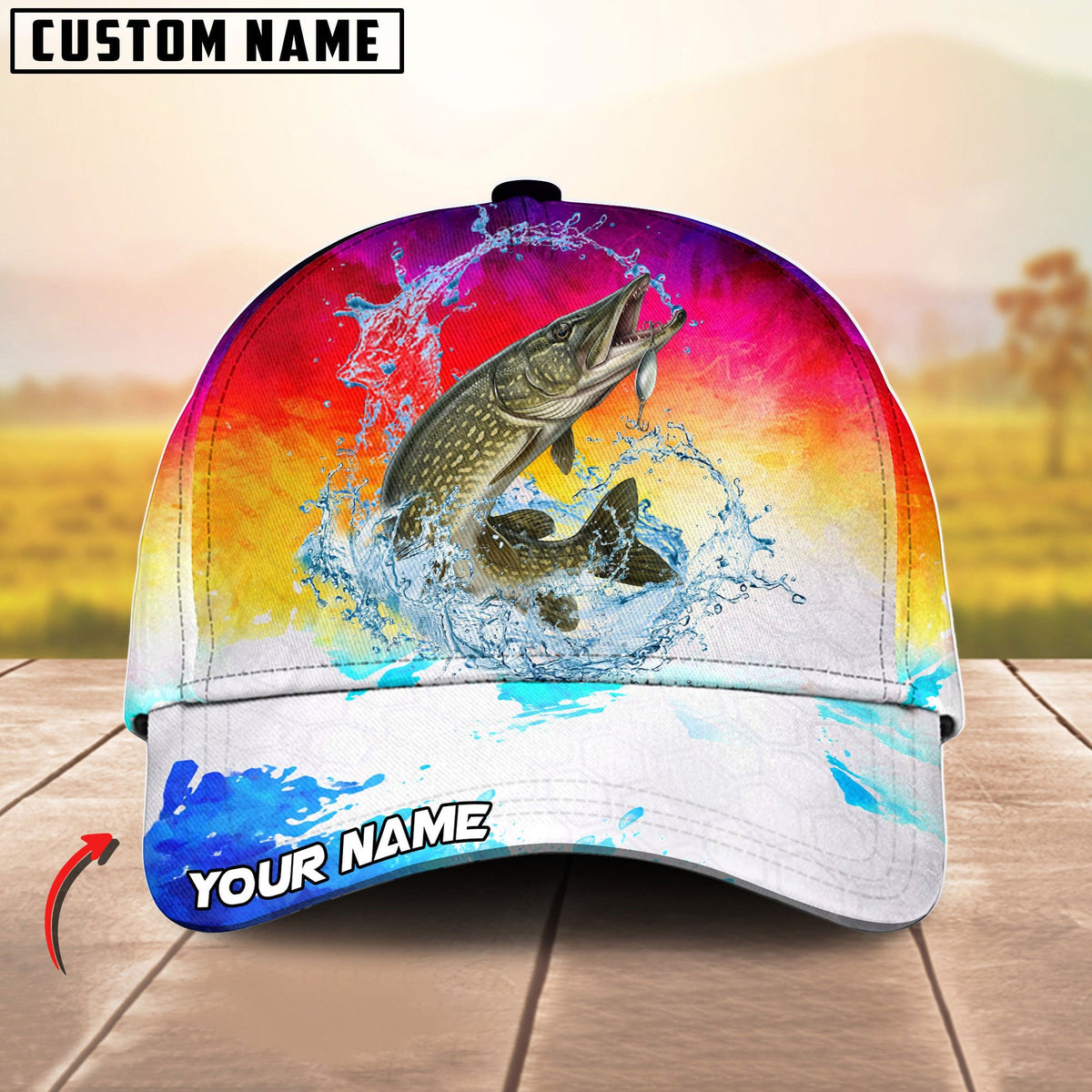 BlueJose Fishing Vibrant Sunset Personalized Cap (13 Breeds)