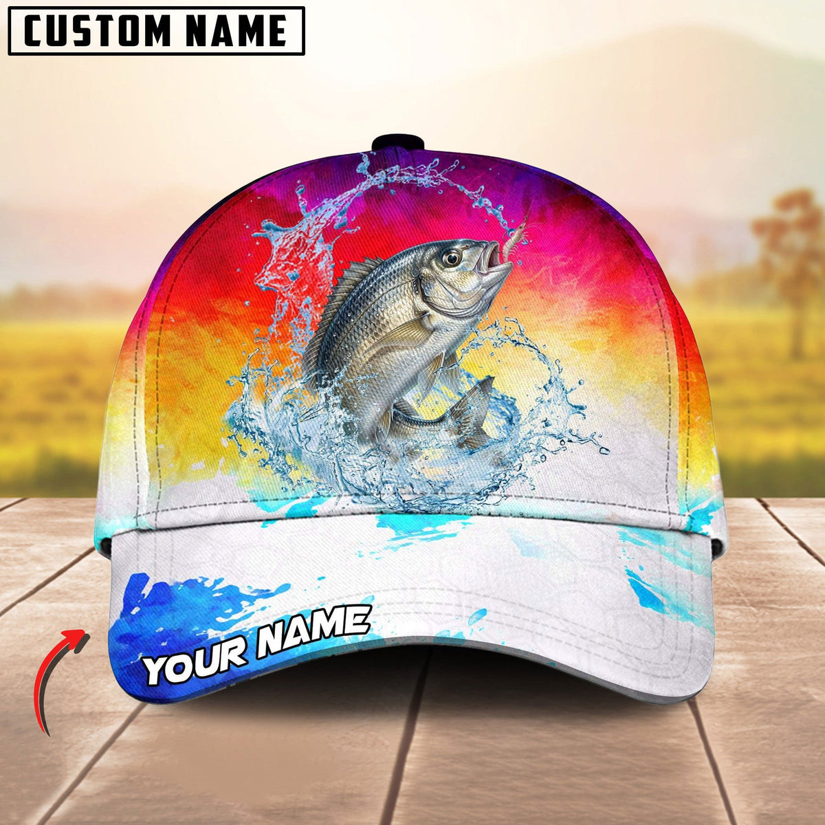 BlueJose Fishing Vibrant Sunset Personalized Cap (13 Breeds)