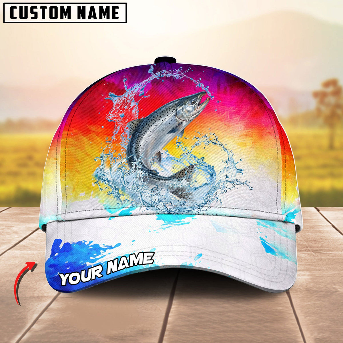 BlueJose Fishing Vibrant Sunset Personalized Cap (13 Breeds)