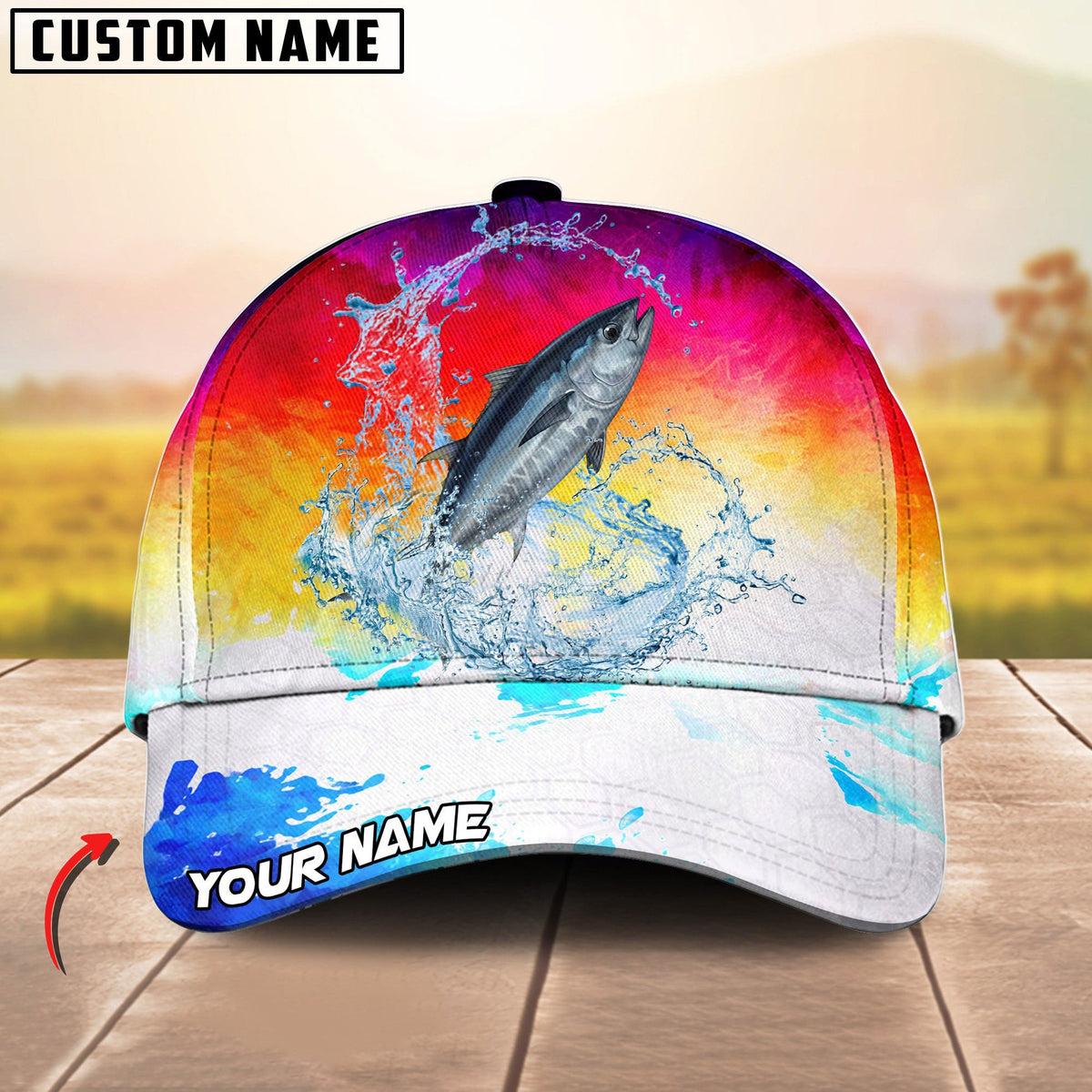 BlueJose Fishing Vibrant Sunset Personalized Cap (13 Breeds)