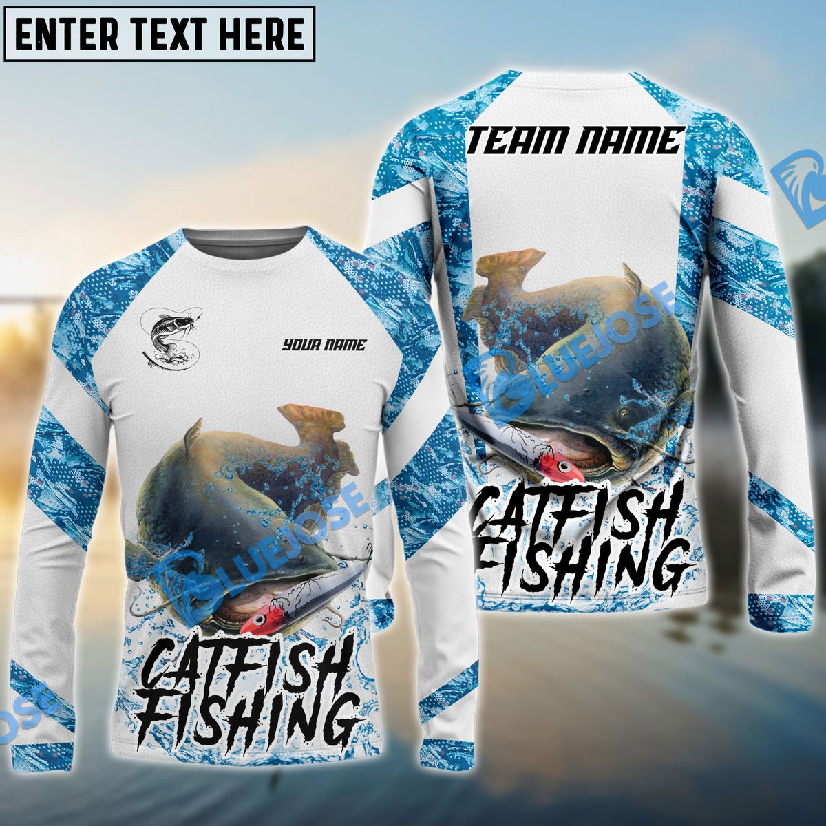 BlueJose Catfish Fishing Blue Camo White Pattern Sport Custom Name & Team Name 3D Shirts