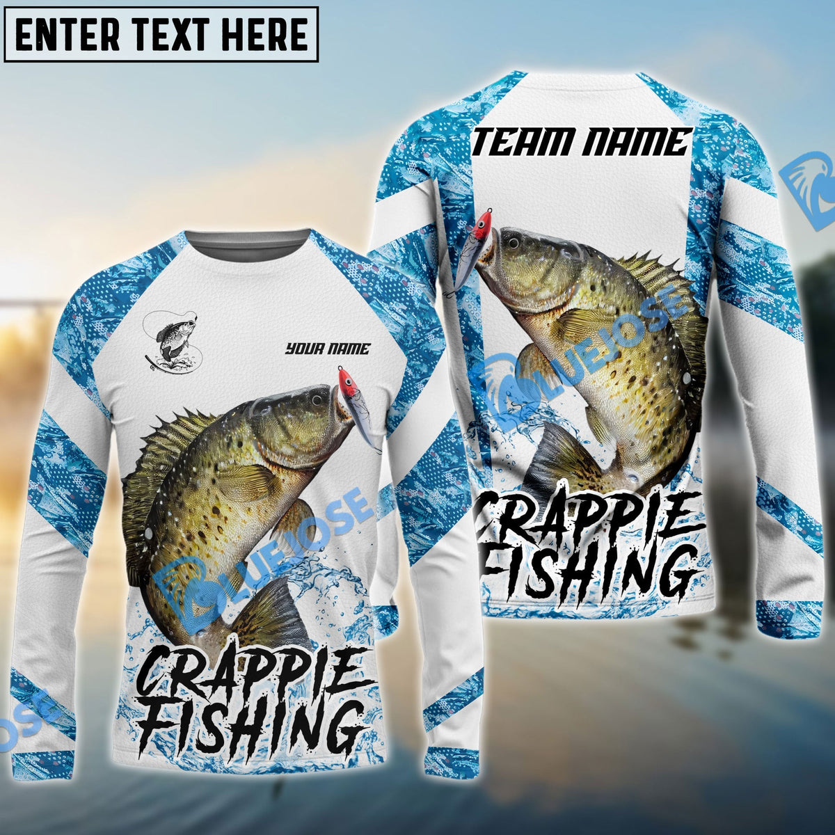 BlueJose Crappie Fishing Blue Camo White Pattern Sport Custom Name & Team Name 3D Shirts