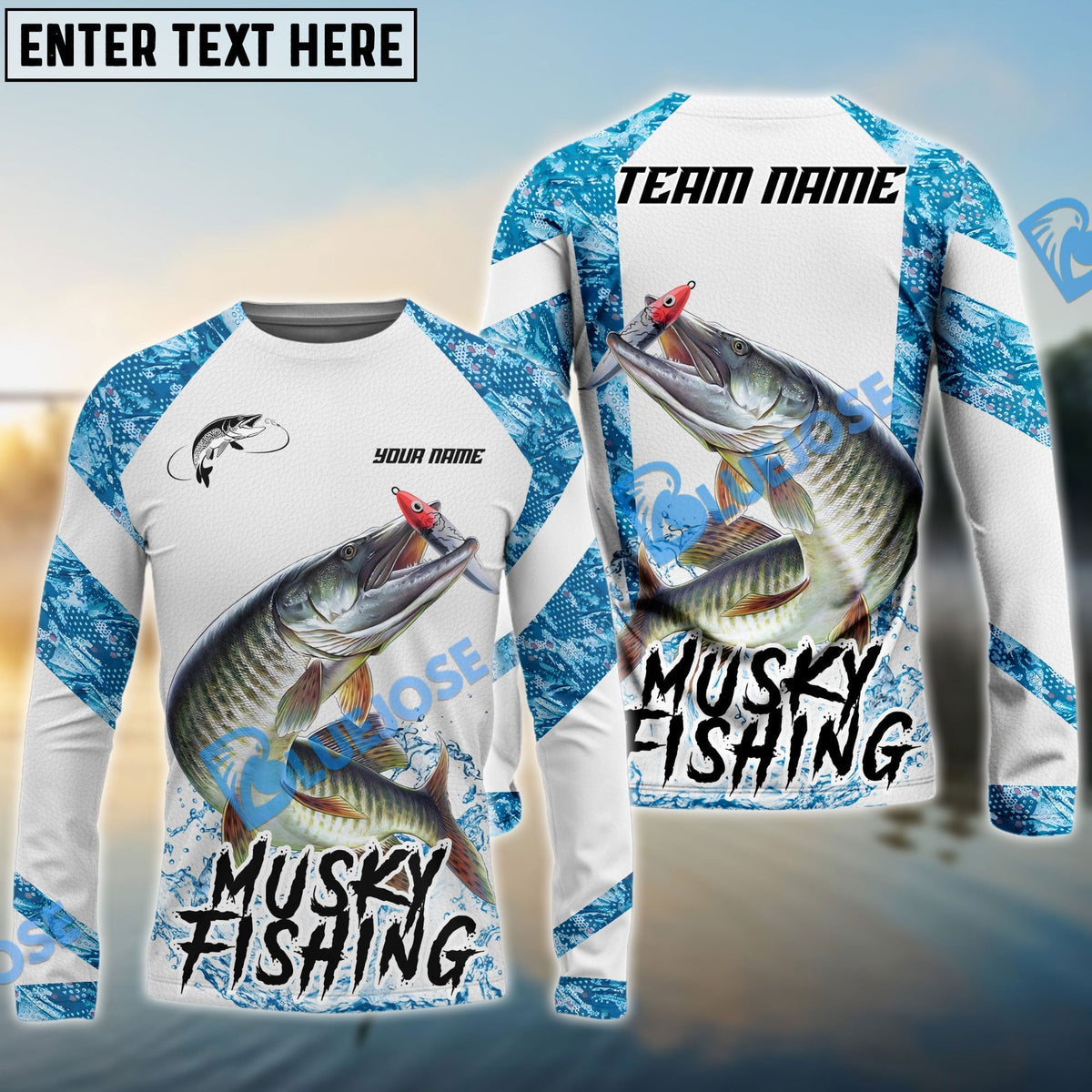 BlueJose Musky Fishing Blue Camo White Pattern Sport Custom Name & Team Name 3D Shirts