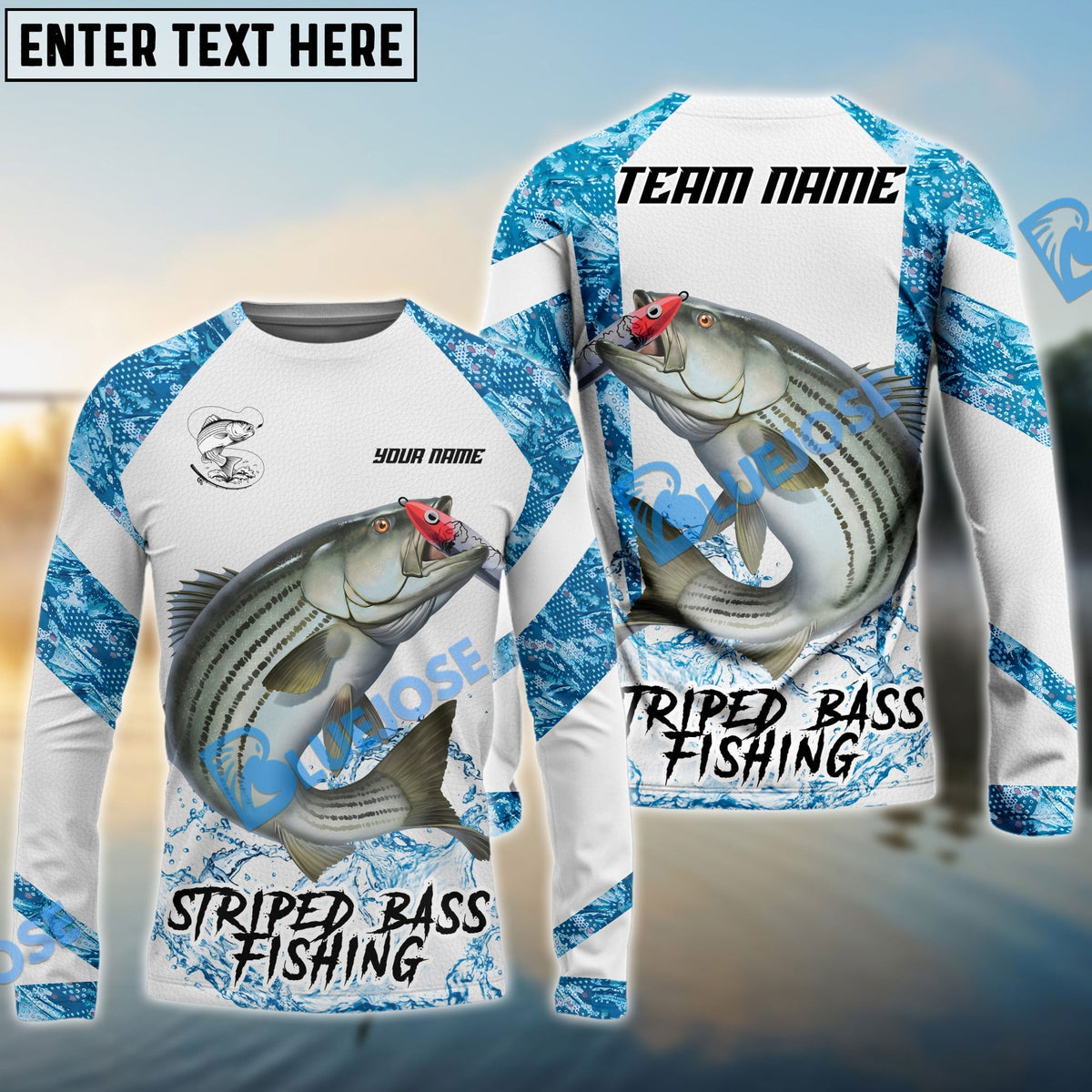 BlueJose Striped Bass Fishing Blue Camo White Pattern Sport Custom Name & Team Name 3D Shirts