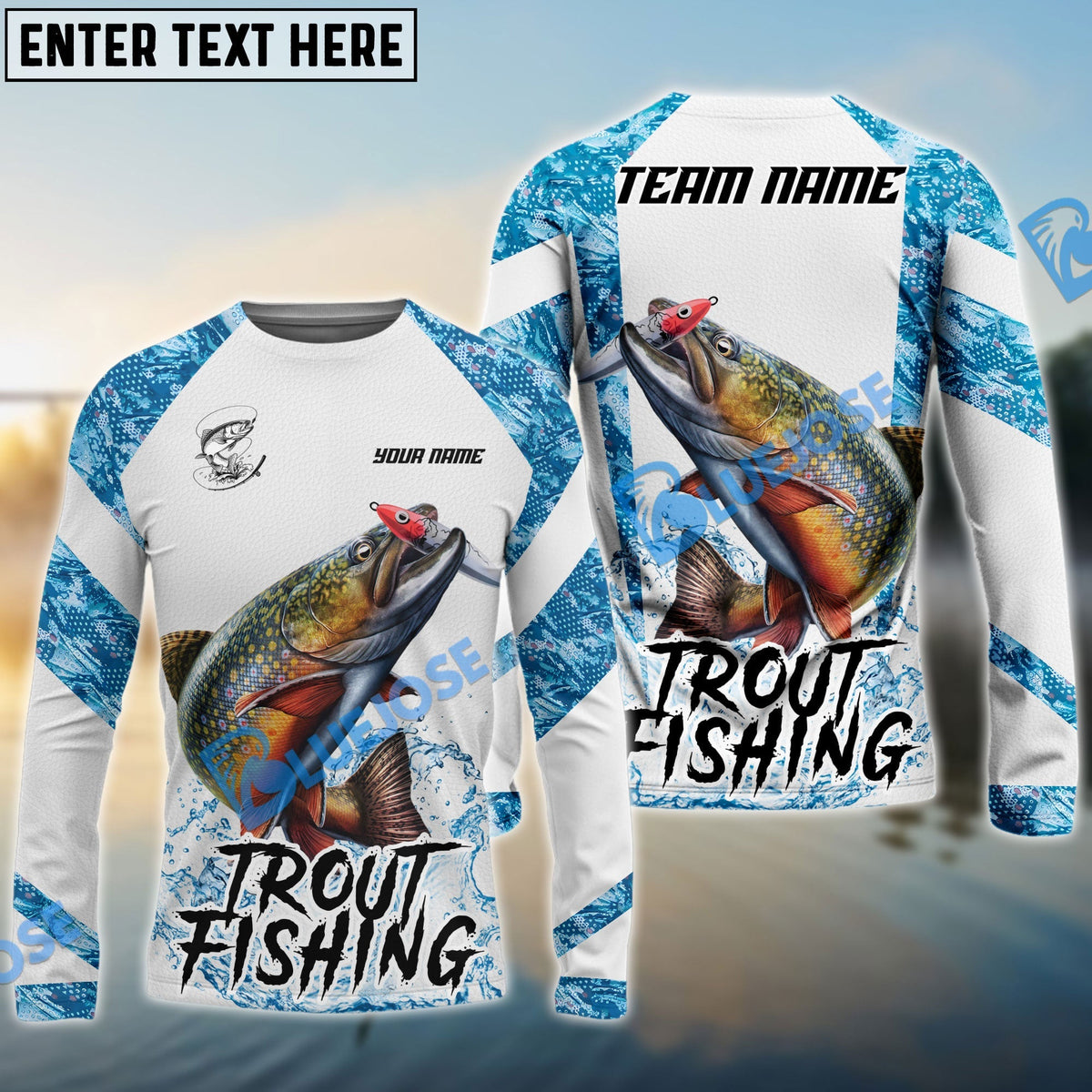 BlueJose Trout Fishing Blue Camo White Pattern Sport Custom Name & Team Name 3D Shirts