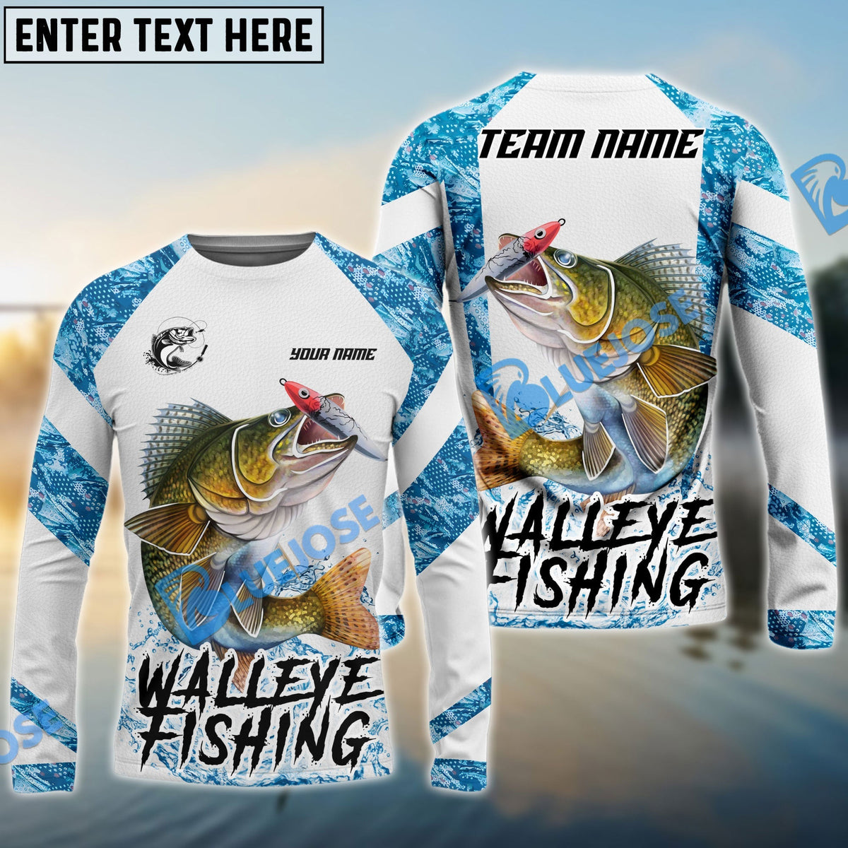 BlueJose Walleye Fishing Blue Camo White Pattern Sport Custom Name & Team Name 3D Shirts