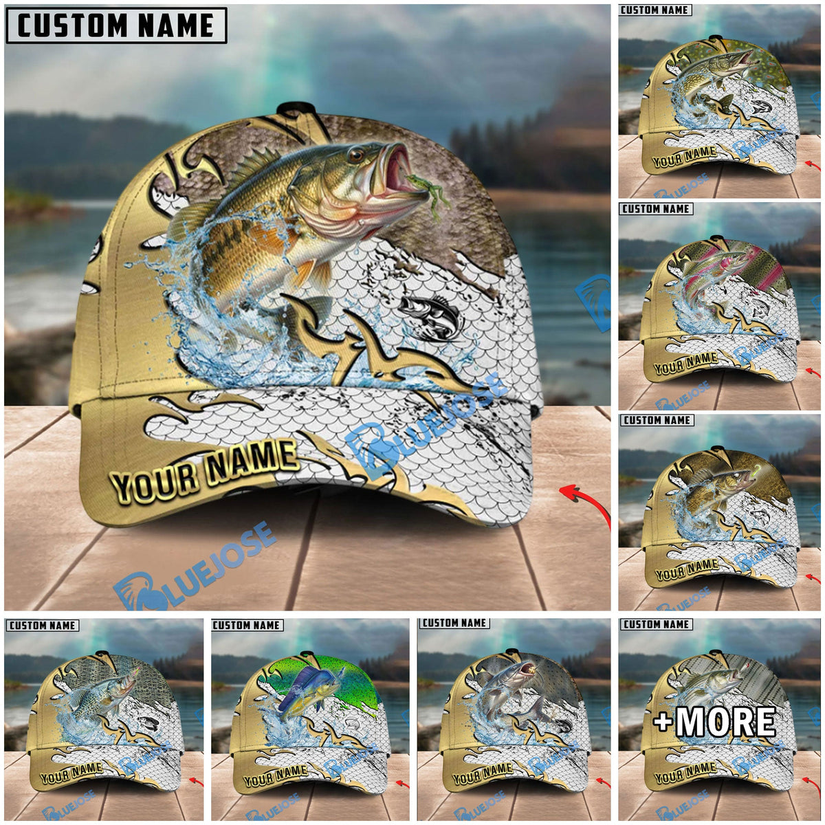 BlueJose Fishing Gold Scale Personalized Cap (13 Breeds)
