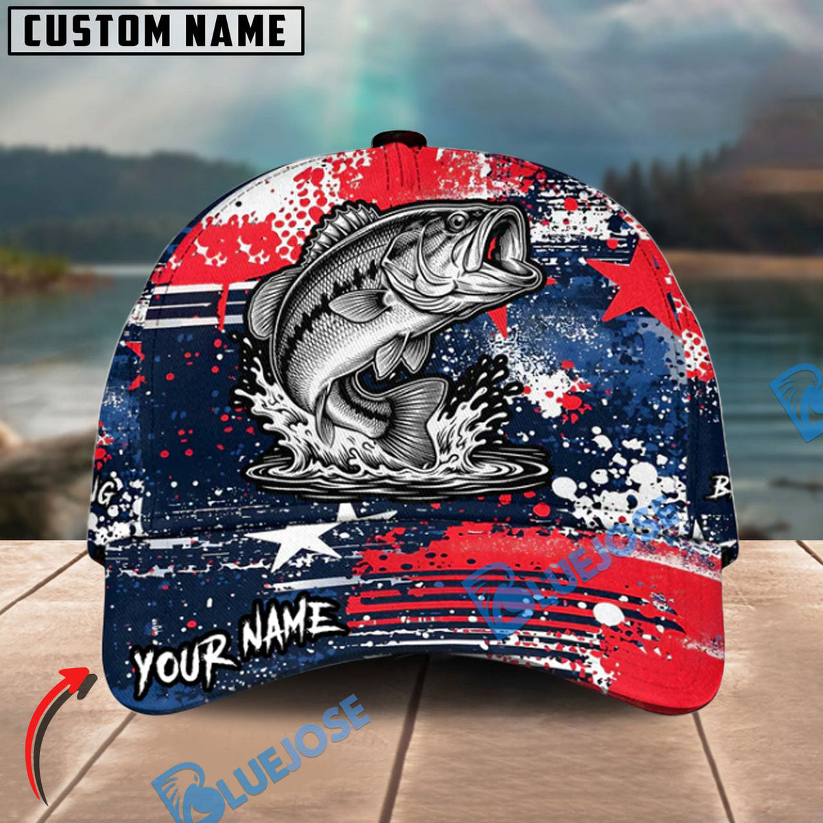 BlueJose Fishing Patriotic Grunge Splatter Personalized Cap (13 Breeds)