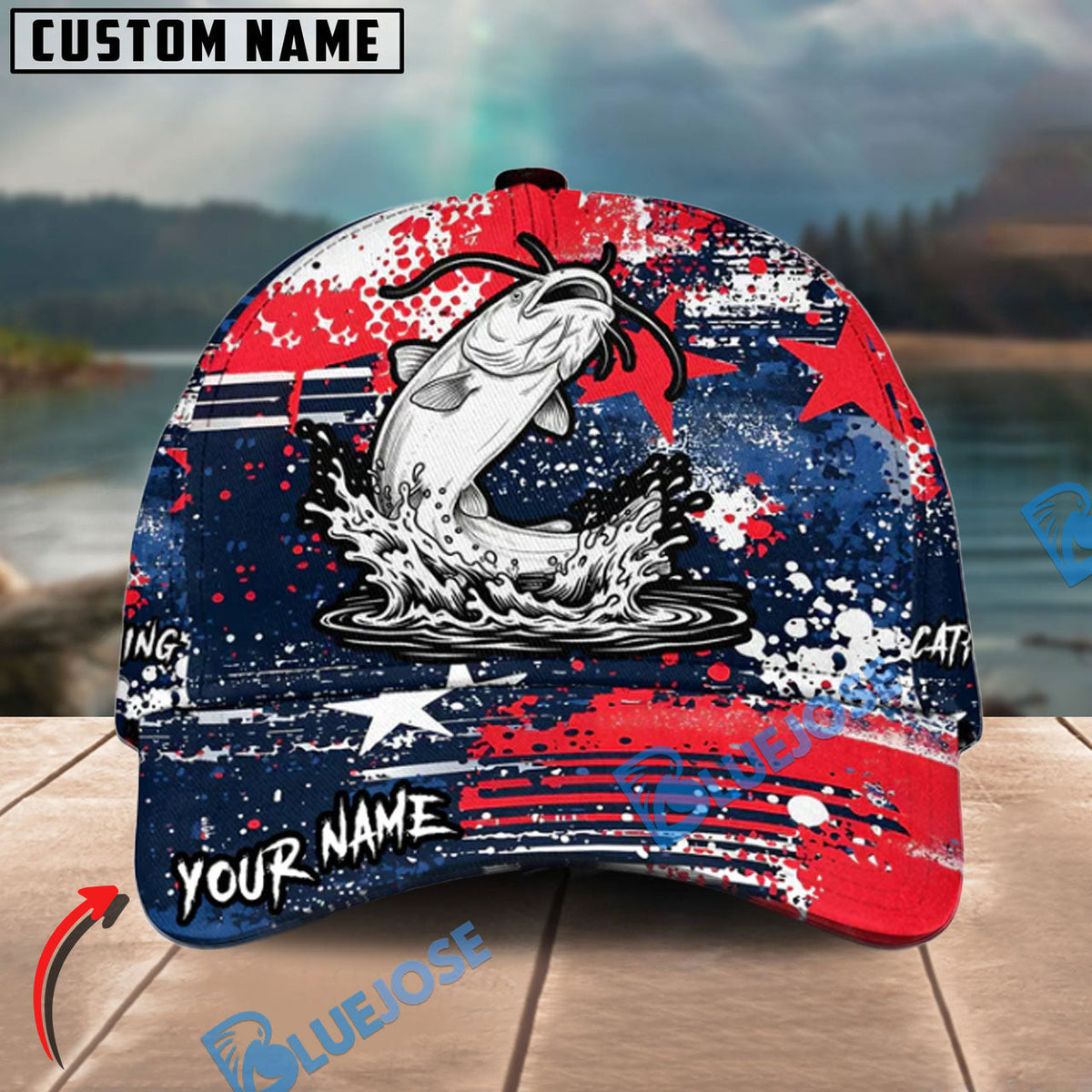 BlueJose Fishing Patriotic Grunge Splatter Personalized Cap (13 Breeds)