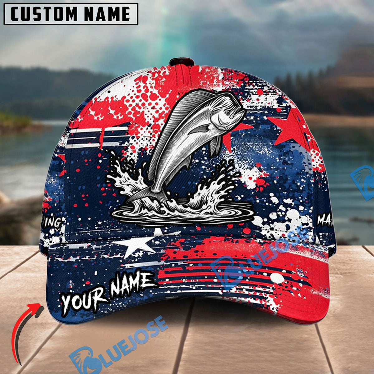BlueJose Fishing Patriotic Grunge Splatter Personalized Cap (13 Breeds)