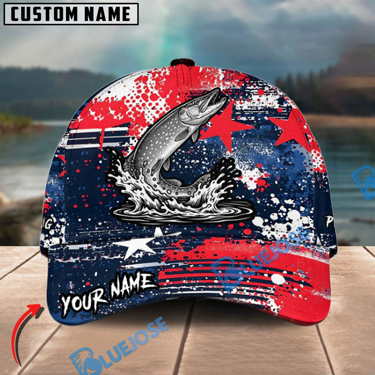 BlueJose Fishing Patriotic Grunge Splatter Personalized Cap (13 Breeds)