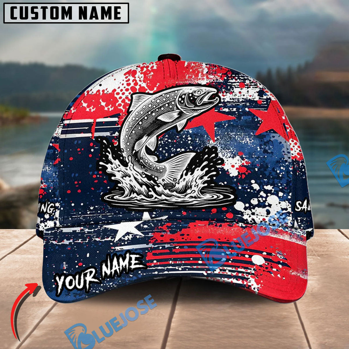 BlueJose Fishing Patriotic Grunge Splatter Personalized Cap (13 Breeds)