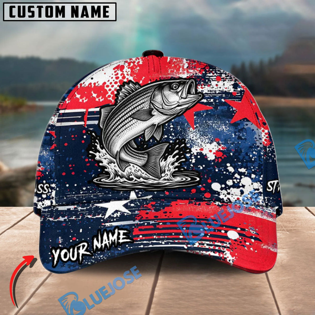 BlueJose Fishing Patriotic Grunge Splatter Personalized Cap (13 Breeds)