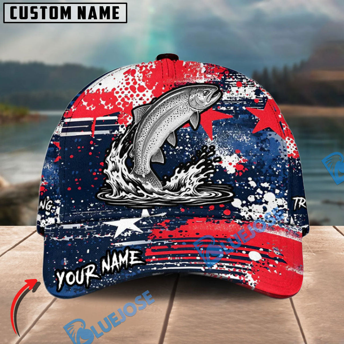 BlueJose Fishing Patriotic Grunge Splatter Personalized Cap (13 Breeds)