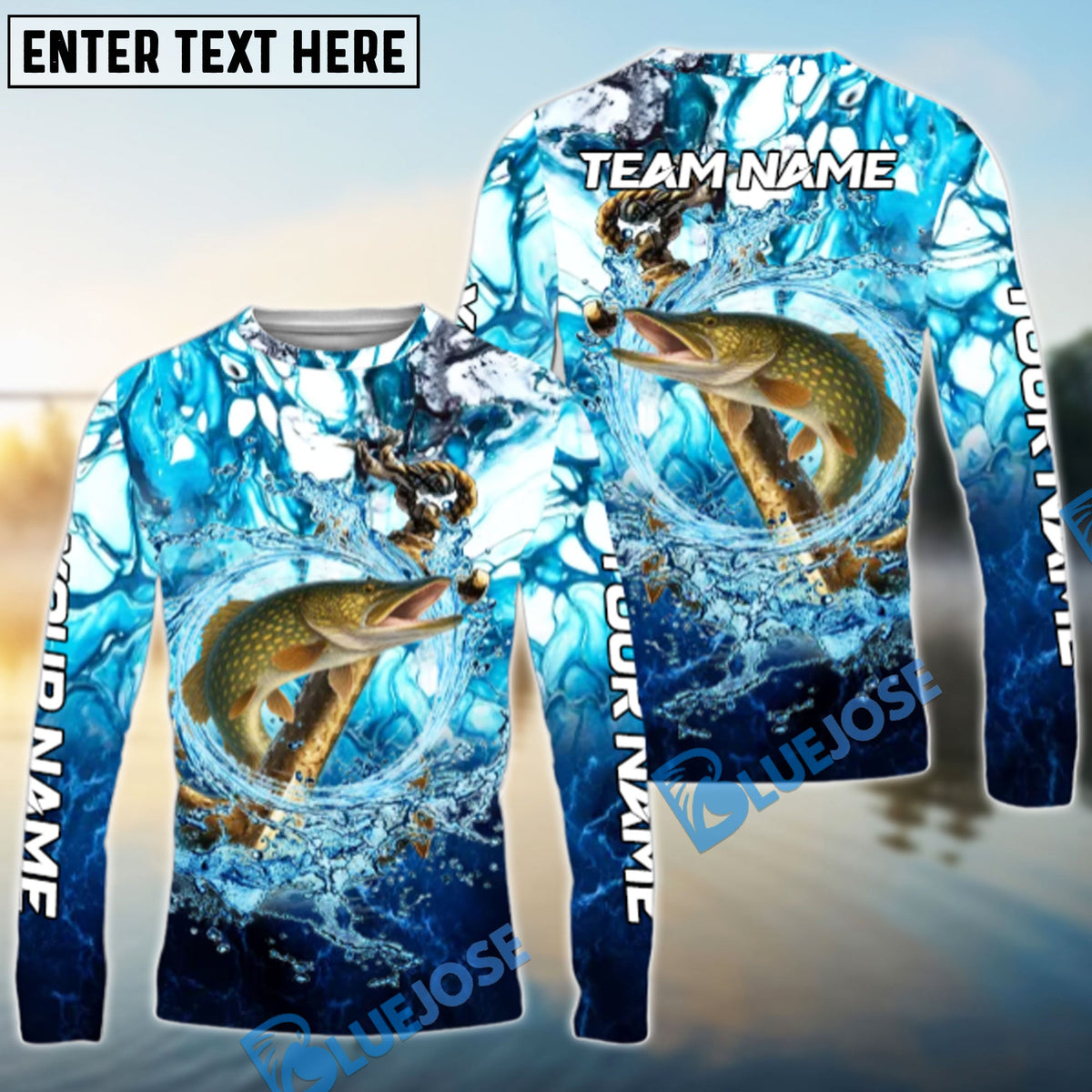 BlueJose Pike Fishing Marble Tide Catch Name & Team Name 3D Shirts