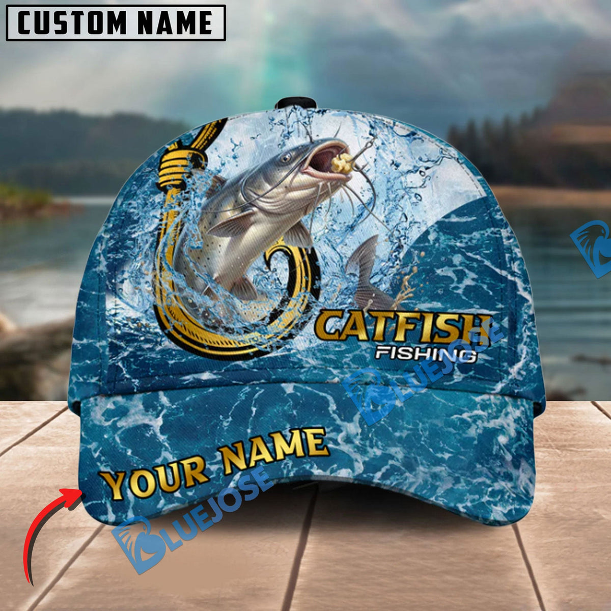 BlueJose Fishing Ocean Blue Personalized Cap (13 Breeds)