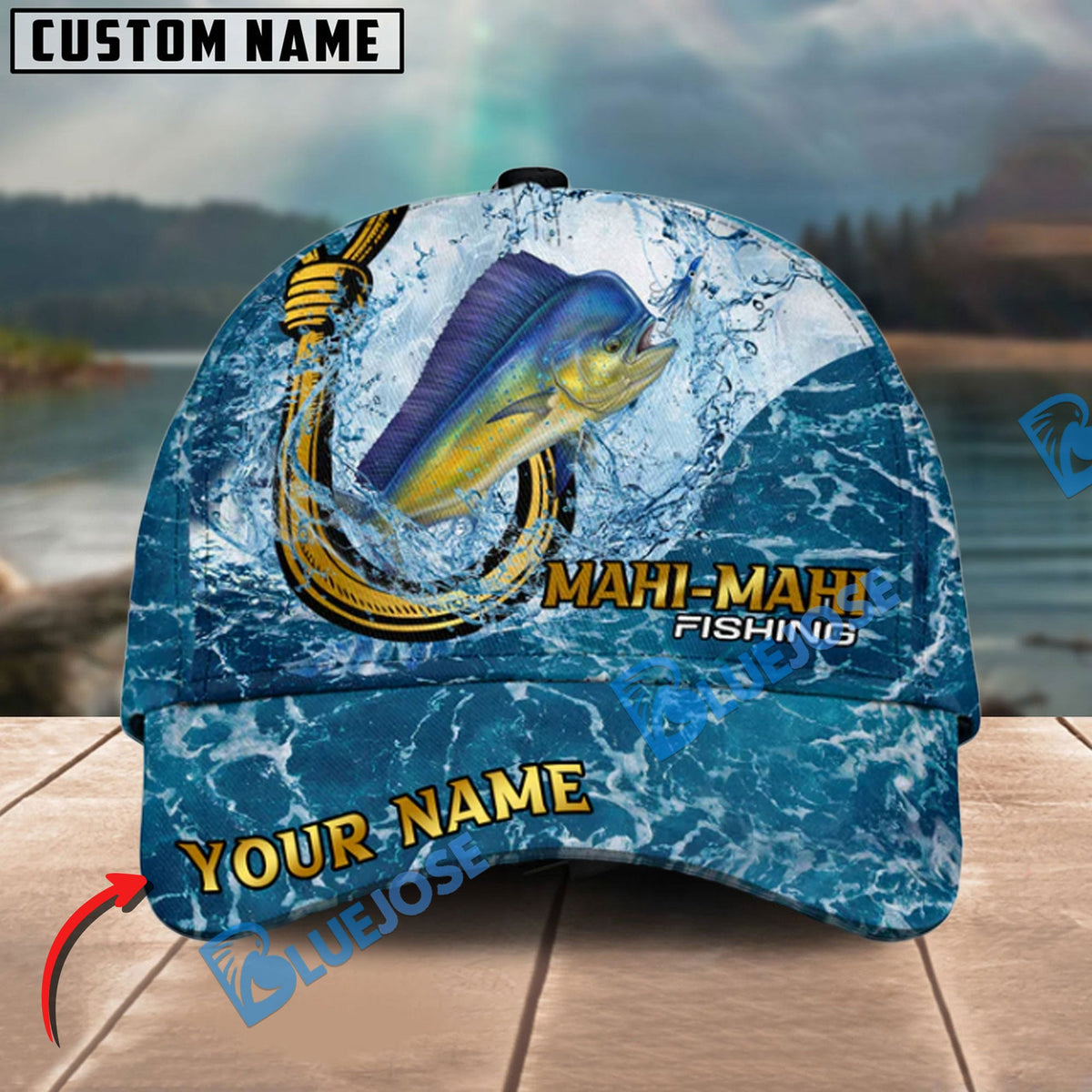 BlueJose Fishing Ocean Blue Personalized Cap (13 Breeds)