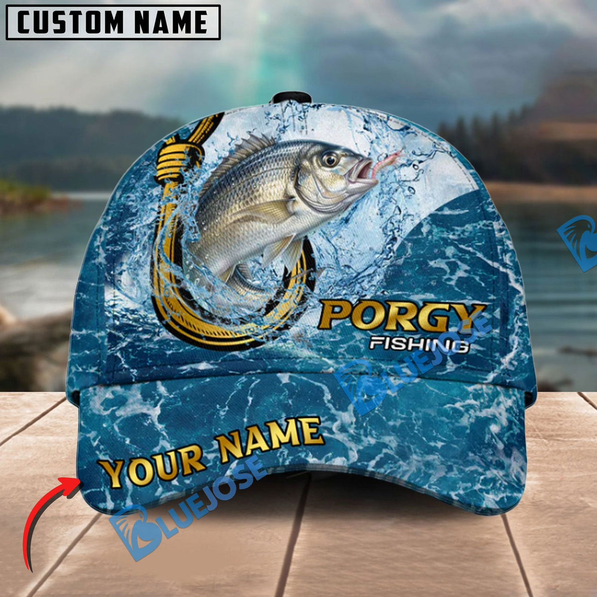 BlueJose Fishing Ocean Blue Personalized Cap (13 Breeds)