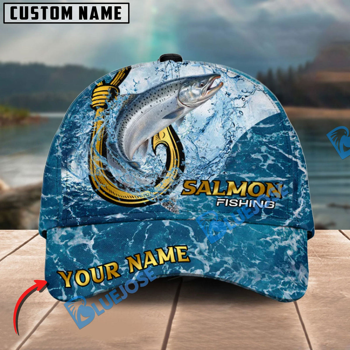 BlueJose Fishing Ocean Blue Personalized Cap (13 Breeds)