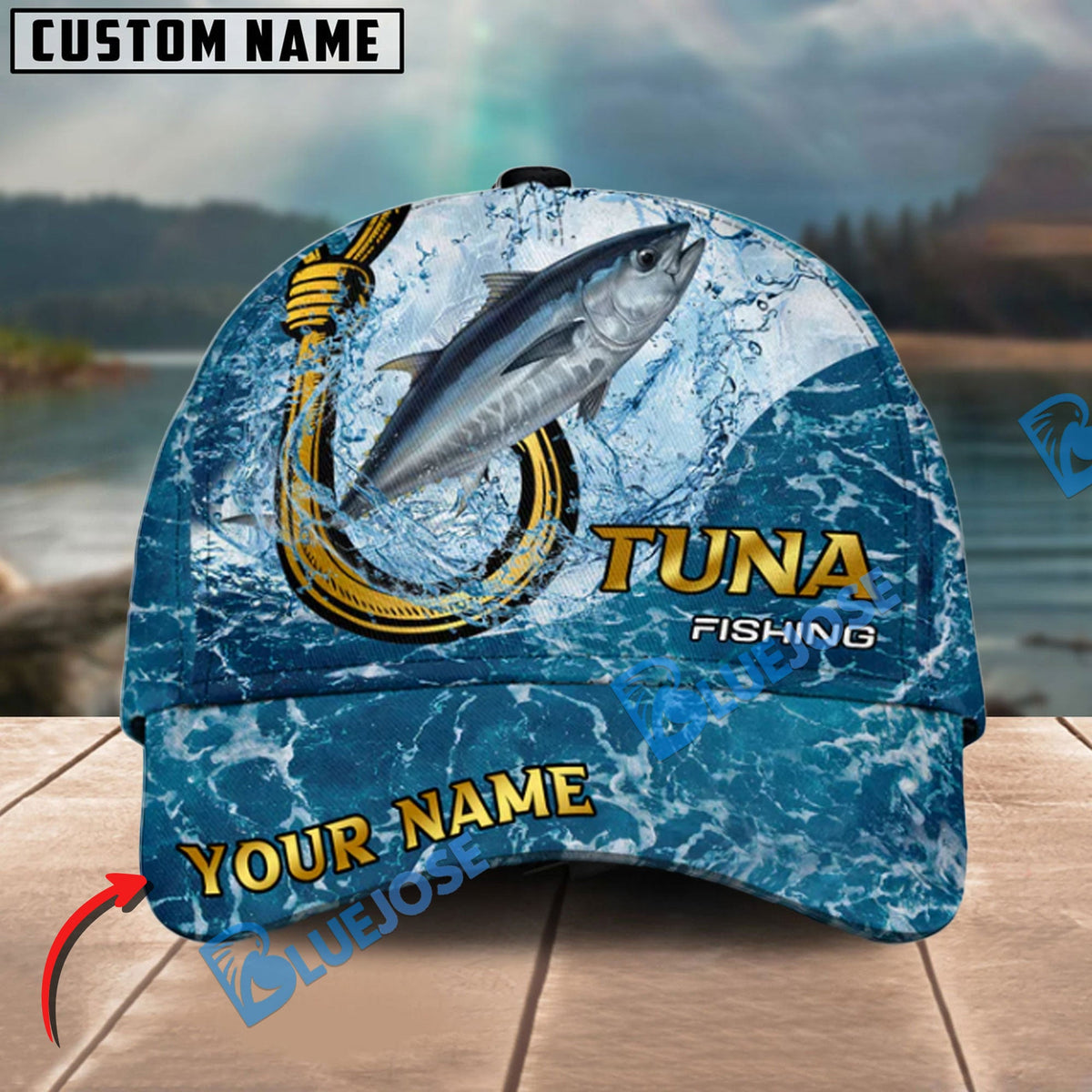 BlueJose Fishing Ocean Blue Personalized Cap (13 Breeds)