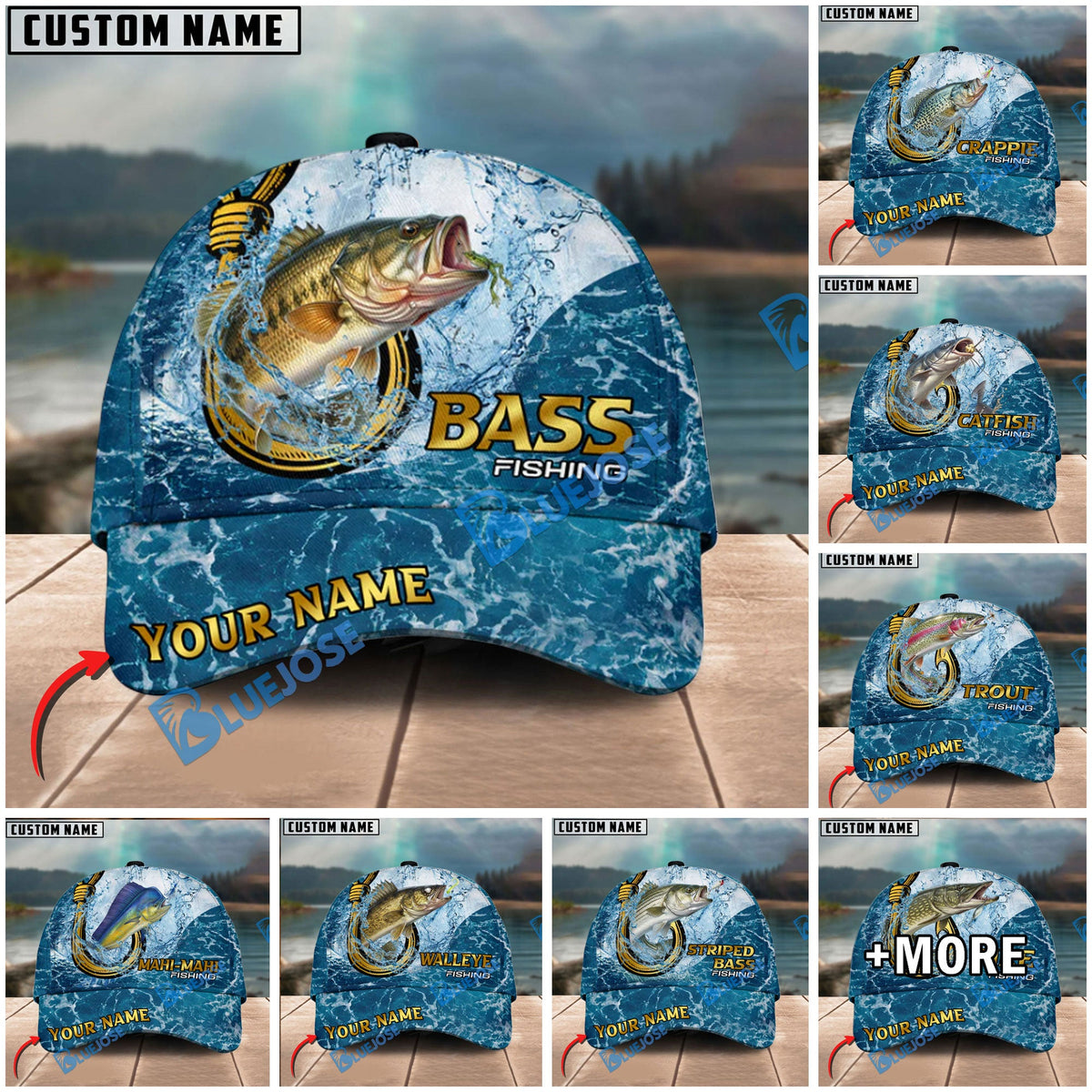 BlueJose Fishing Ocean Blue Personalized Cap (13 Breeds)