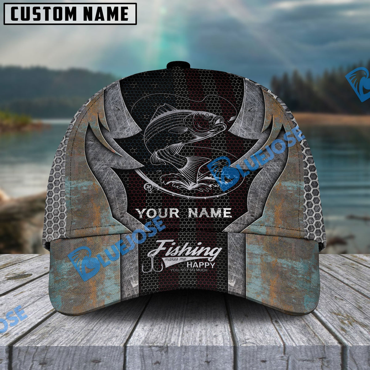 BlueJose Personalized Striped Bass Fishing American Flag Rusty Metal Pattern Classic Cap