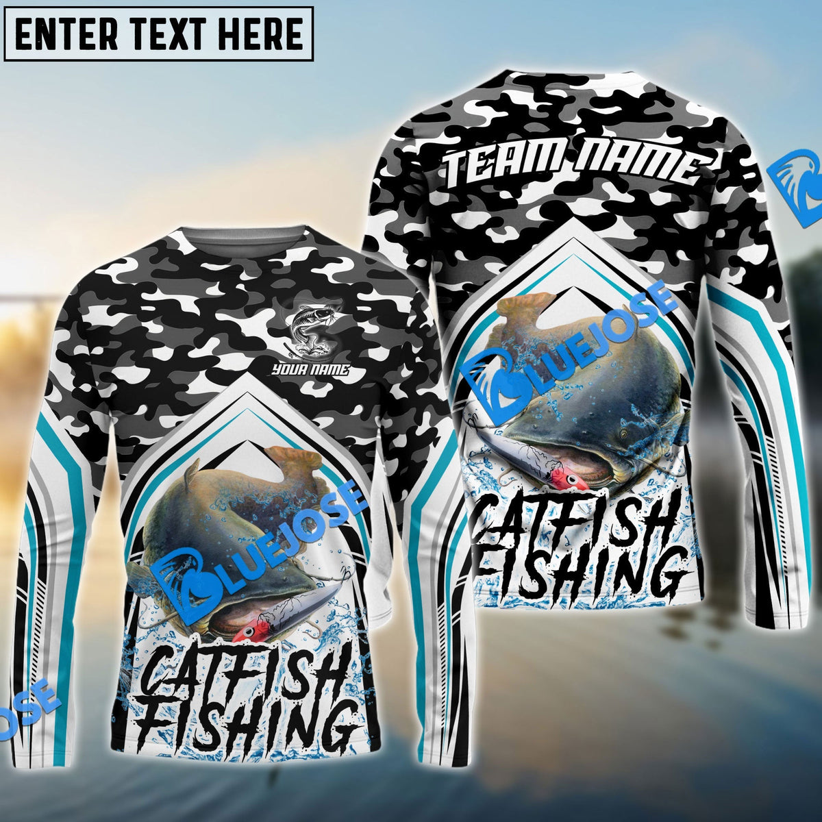 BlueJose Catfish Fishing Black Camo Sport Custom Name & Team Name 3D Shirts