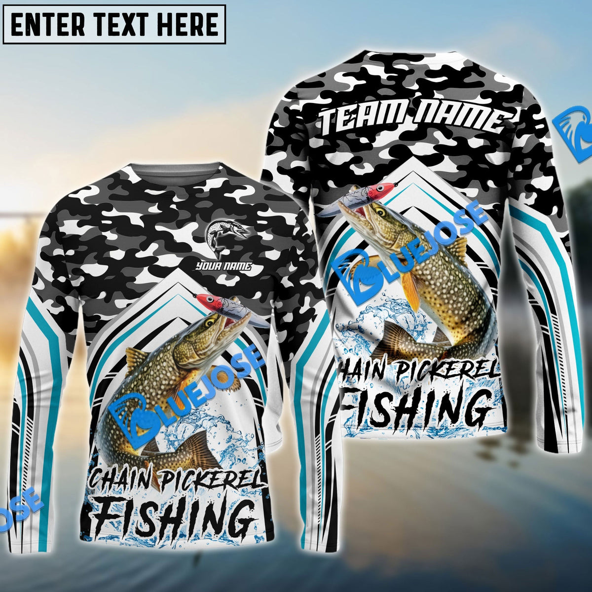 BlueJose Chain Pickerel Fishing Black Camo Sport Custom Name & Team Name 3D Shirts