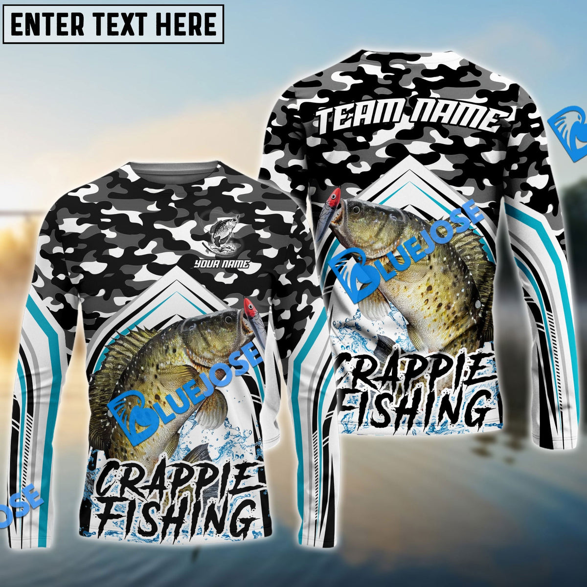 BlueJose Crappie Fishing Black Camo Sport Custom Name & Team Name 3D Shirts