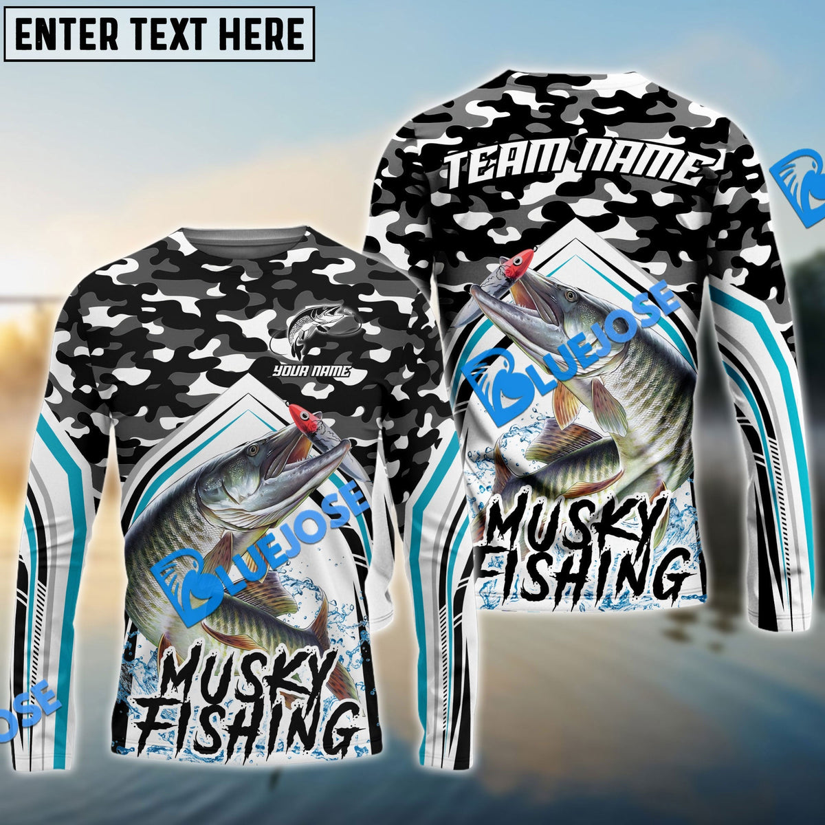BlueJose Salmon Fishing Black Camo Sport Custom Name & Team Name 3D Shirts