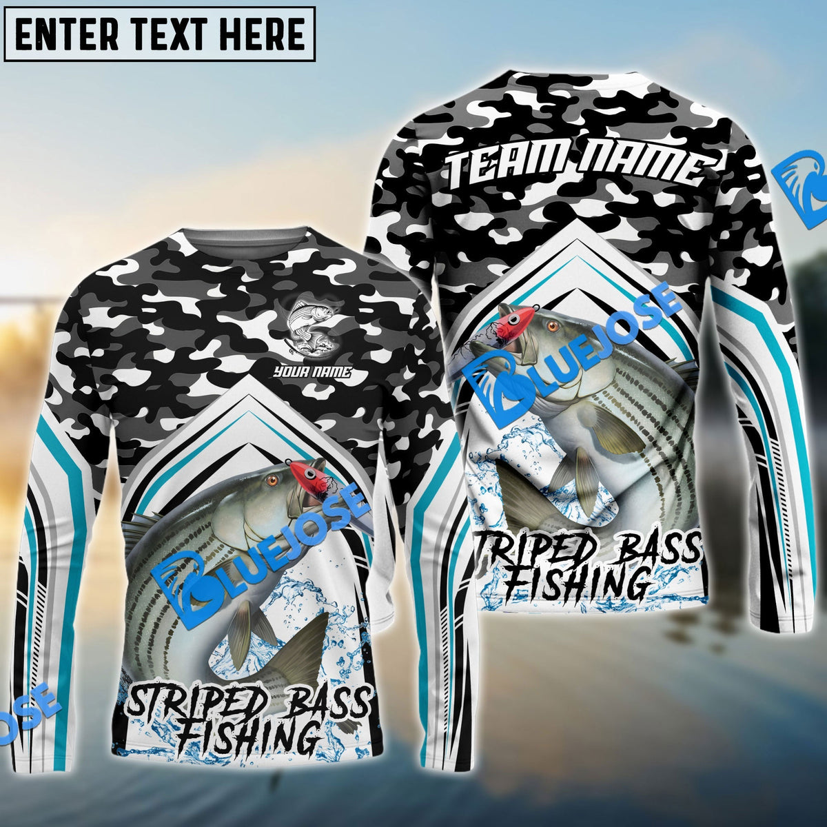 BlueJose Striped Bass Fishing Black Camo Sport Custom Name & Team Name 3D Shirts