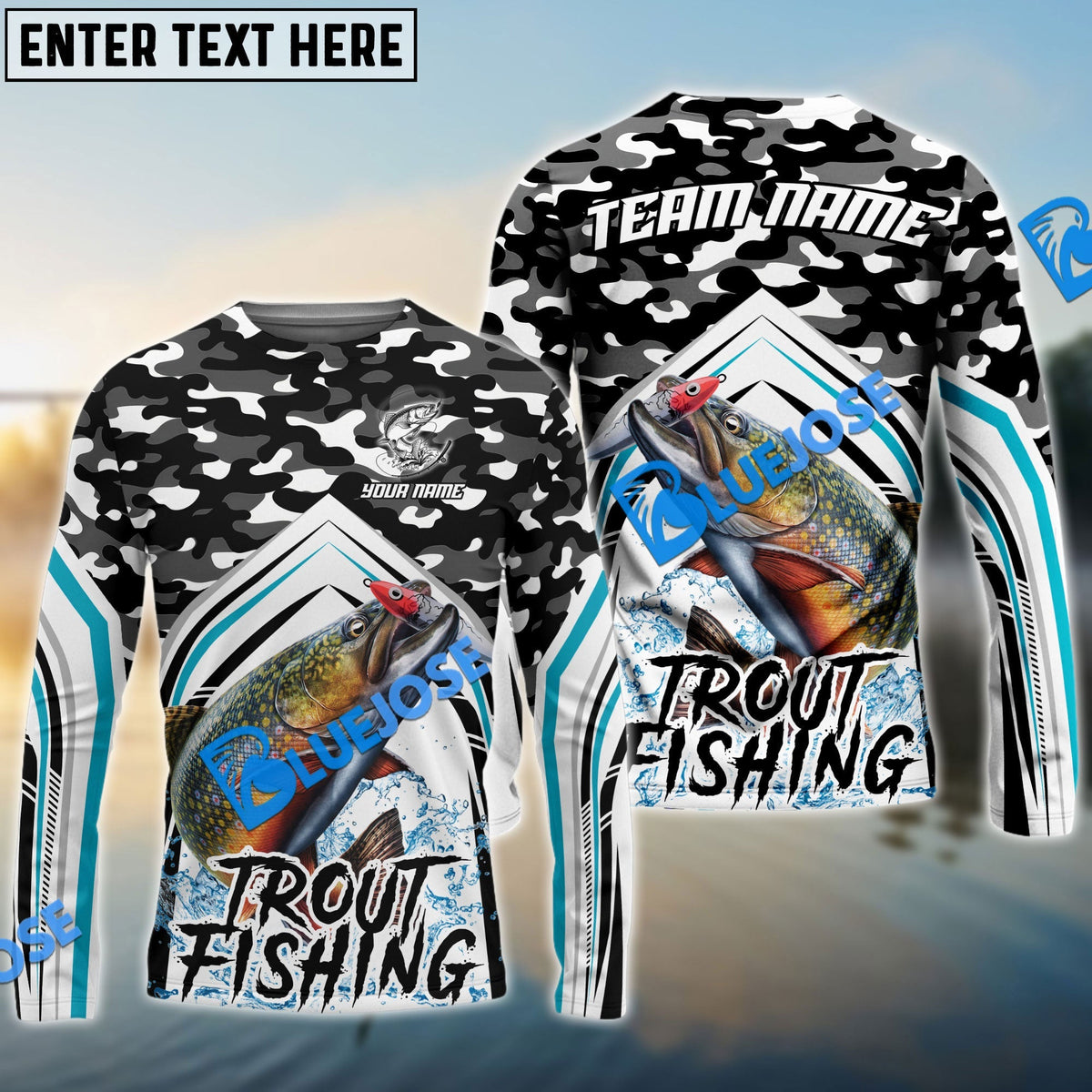 BlueJose Trout Fishing Black Camo Sport Custom Name & Team Name 3D Shirts