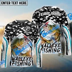 BlueJose Walleye Fishing Black Camo Sport Custom Name & Team Name 3D Shirts