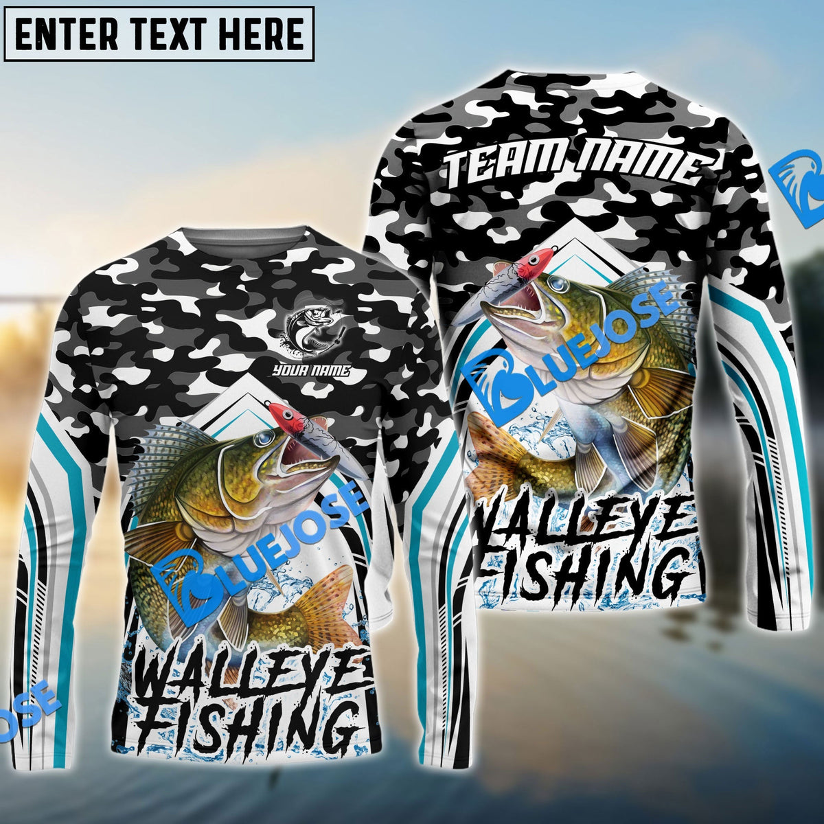 BlueJose Walleye Fishing Black Camo Sport Custom Name & Team Name 3D Shirts