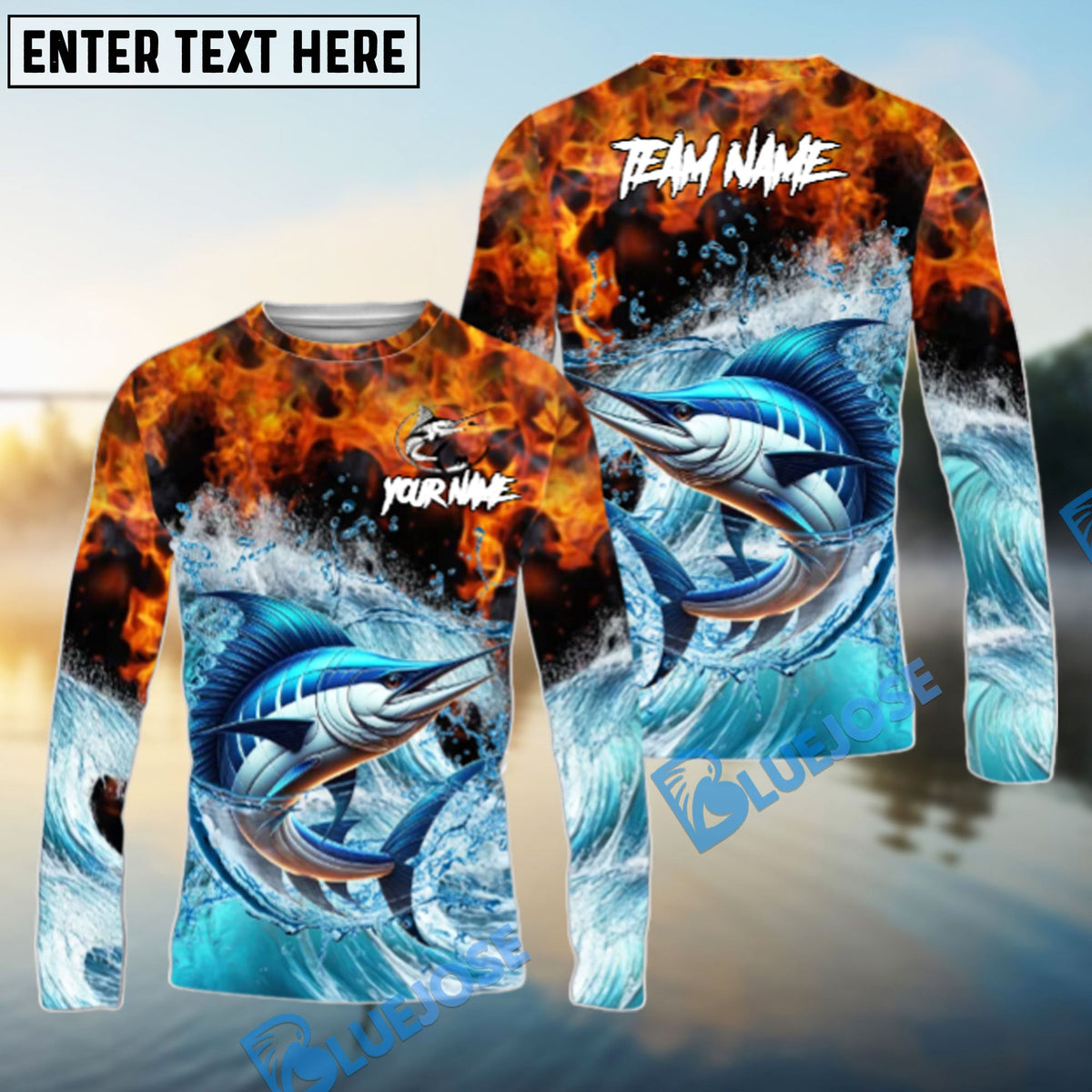 BlueJose Marlin Fishing Sea Fire Design Name & Team Name 3D Shirts
