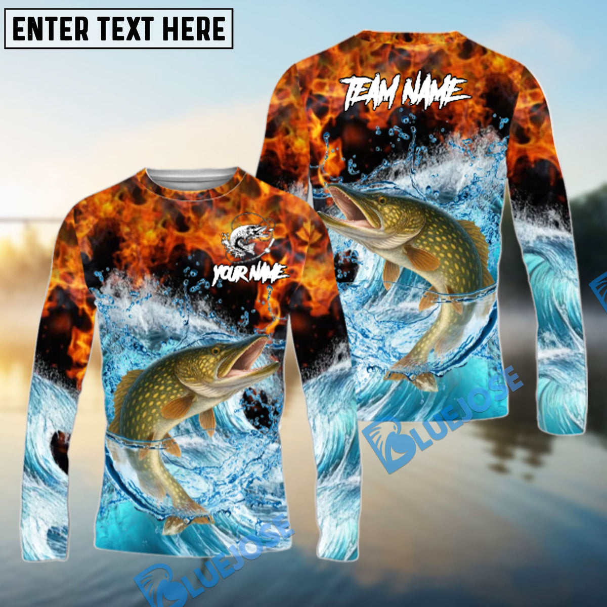BlueJose Pike Fishing Sea Fire Design Name & Team Name 3D Shirts
