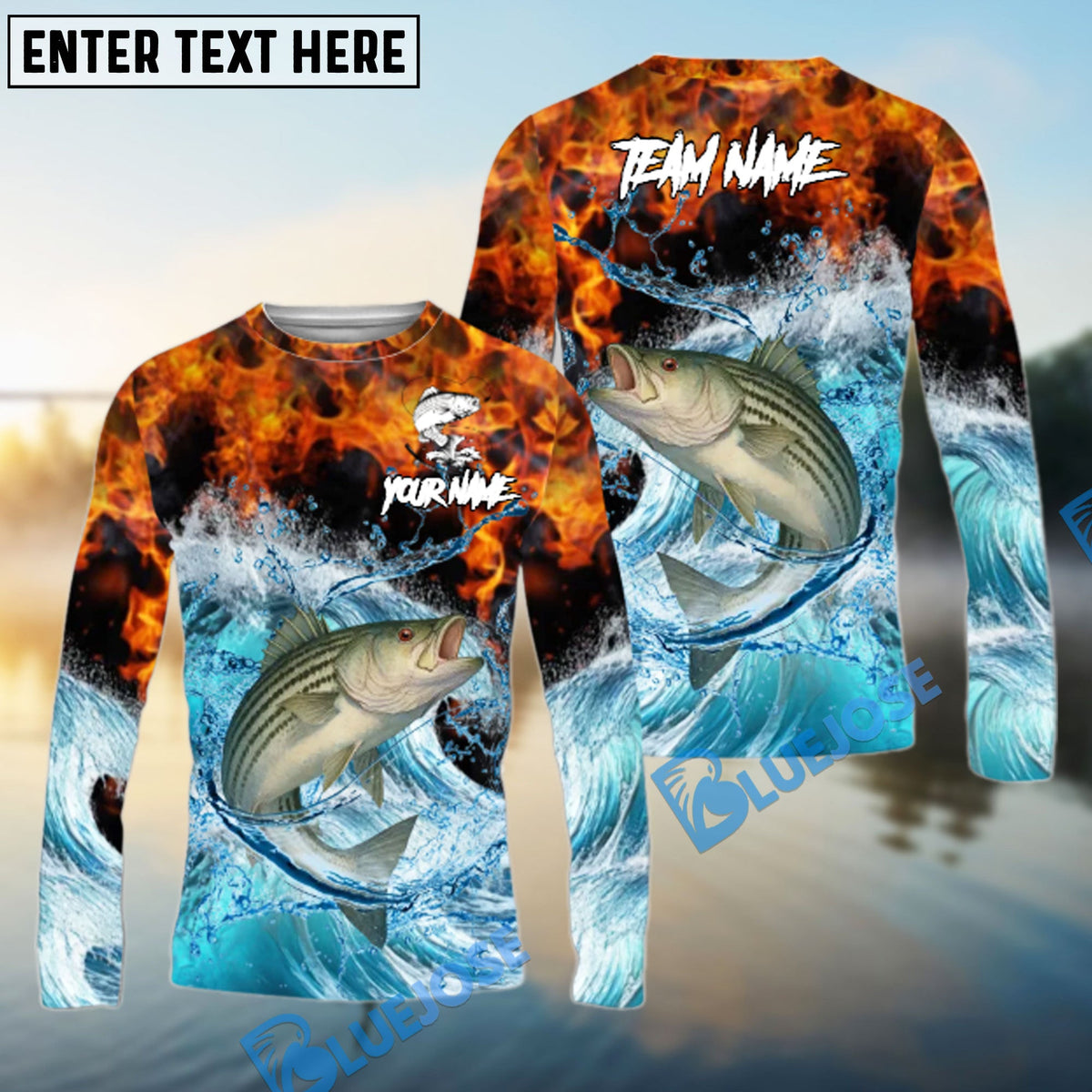 BlueJose Striped Bass Fishing Sea Fire Design Name & Team Name 3D Shirts