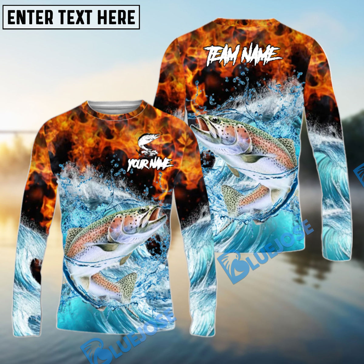 BlueJose Trout Fishing Sea Fire Design Name & Team Name 3D Shirts