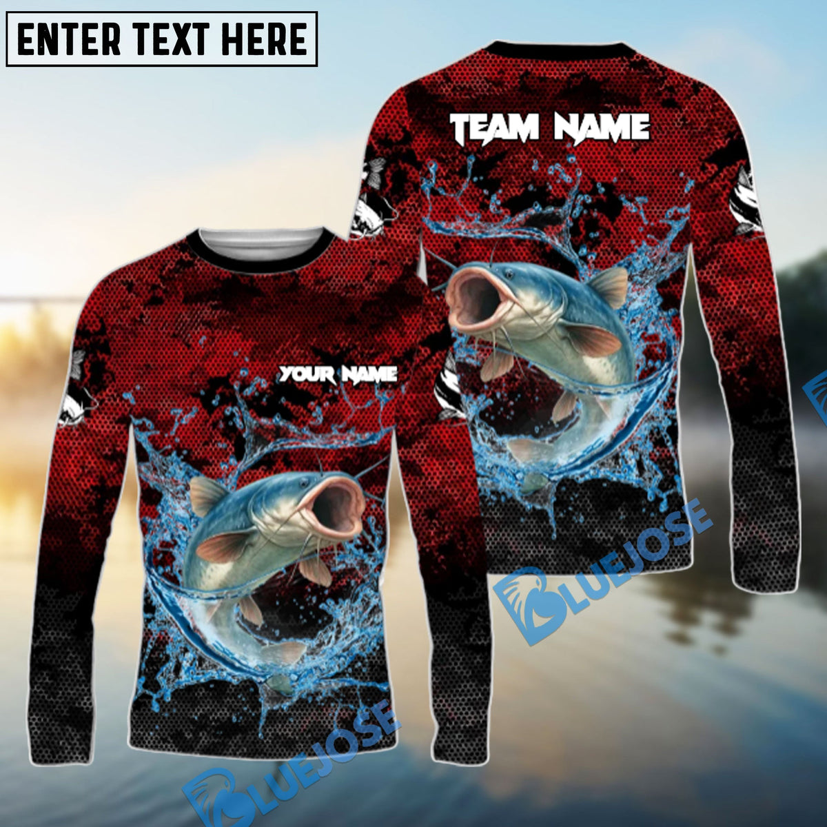 BlueJose Catfish Fishing Red Grunge Camo Design Name & Team Name 3D Shirts