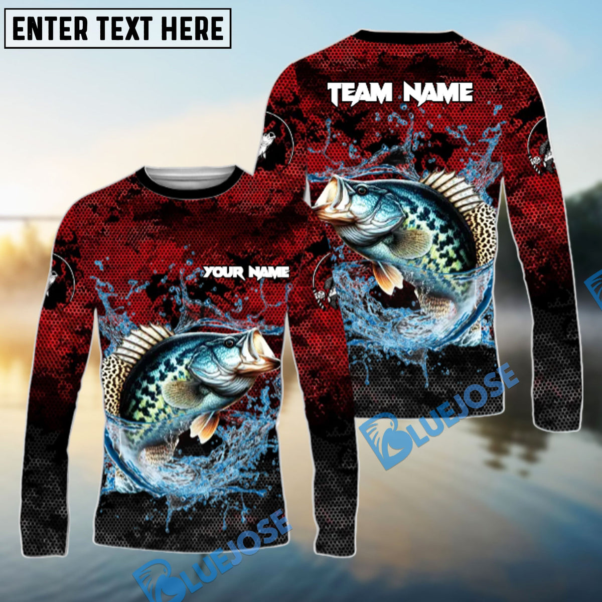 BlueJose Crappie Fishing Red Grunge Camo Design Name & Team Name 3D Shirts