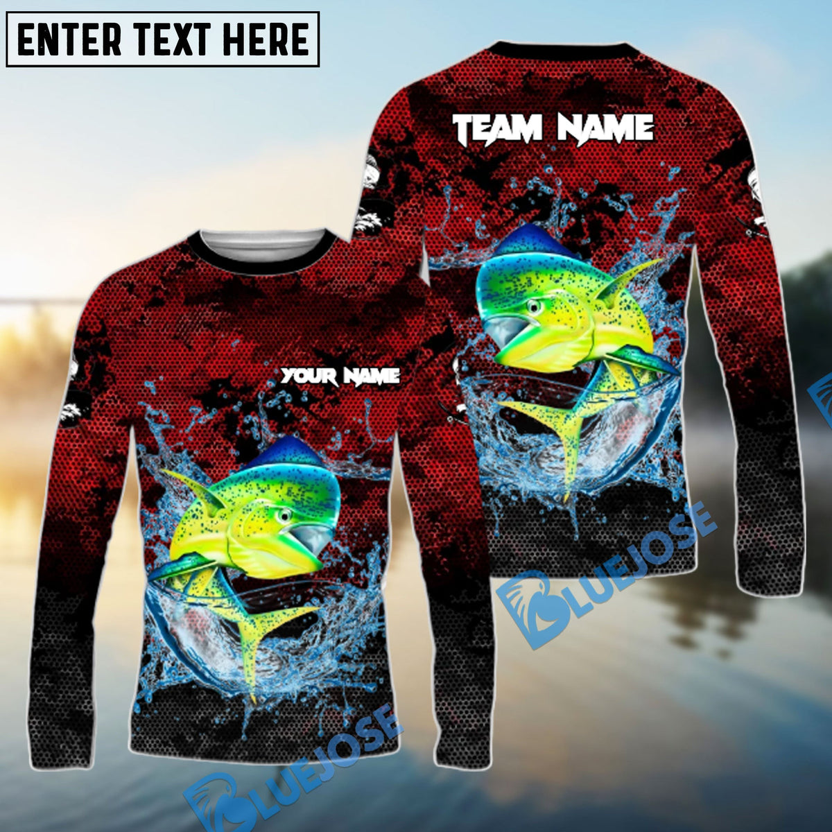 BlueJose Mahi Mahi Fishing Red Grunge Camo Design Name & Team Name 3D Shirts