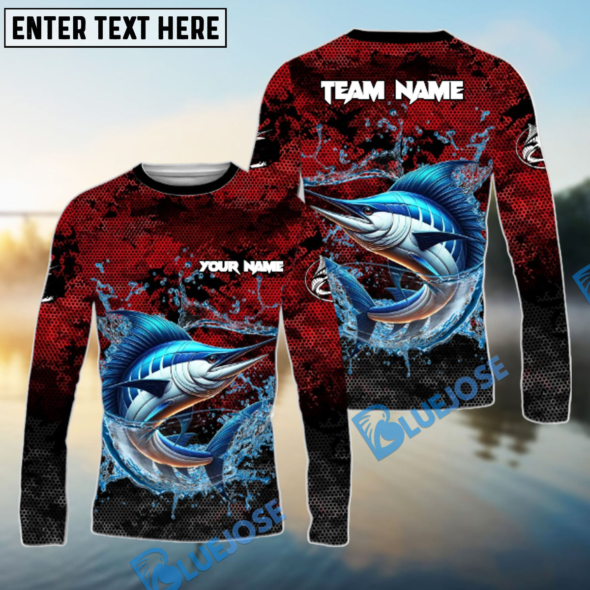BlueJose Marlin Fishing Red Grunge Camo Design Name & Team Name 3D Shirts