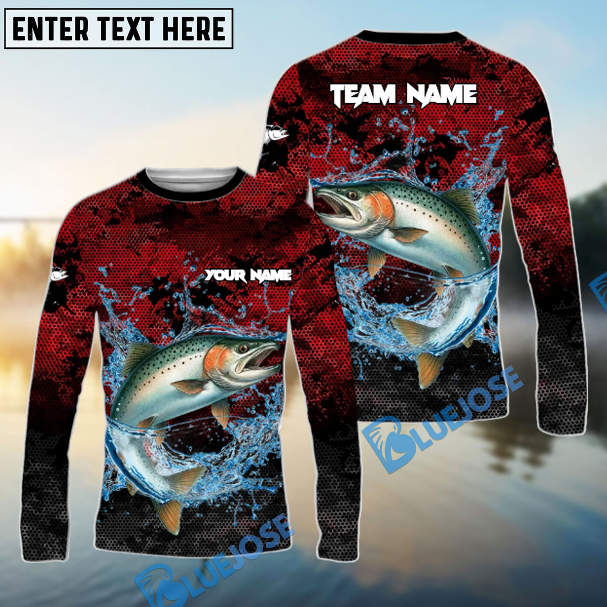 BlueJose Salmon Fishing Red Grunge Camo Design Name & Team Name 3D Shirts