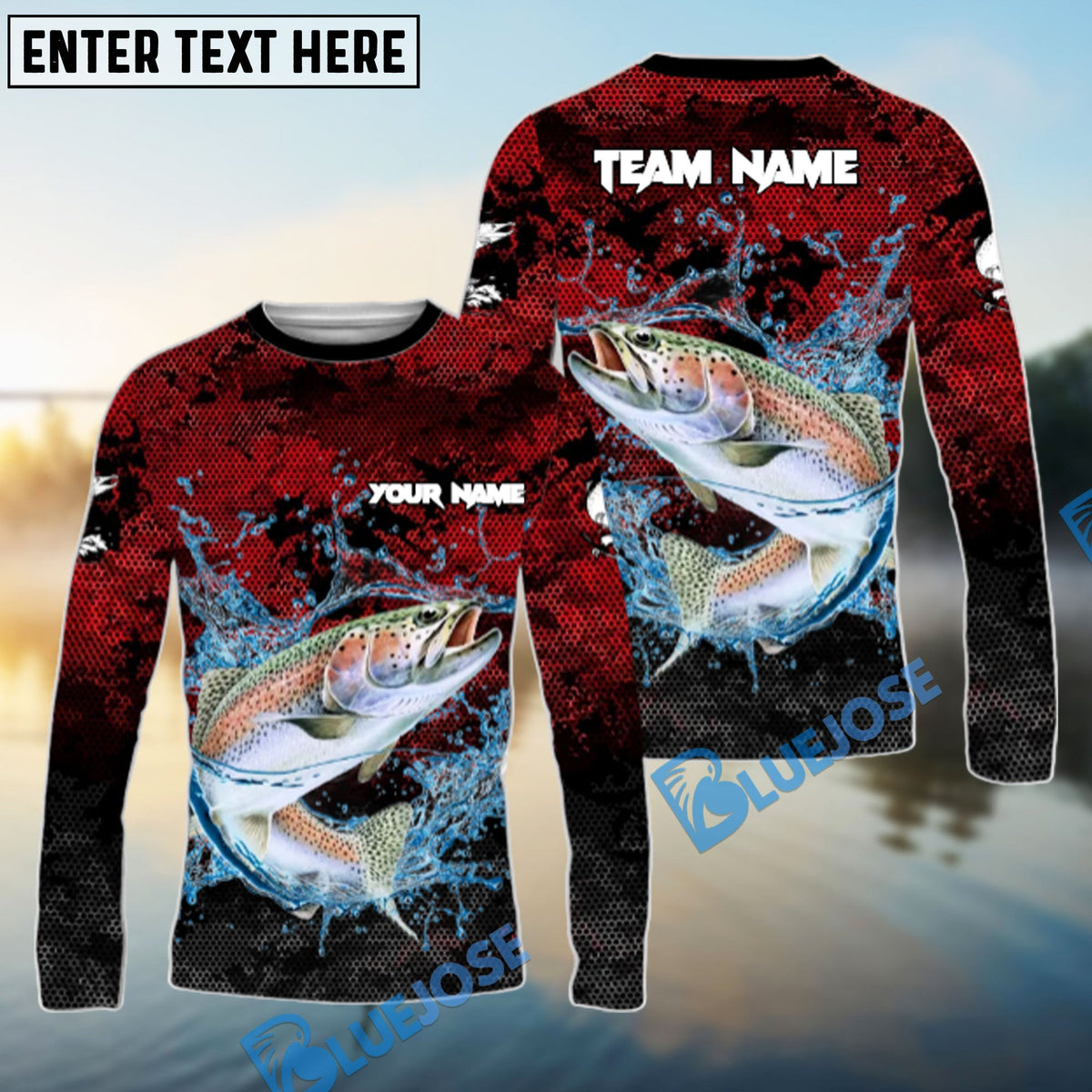 BlueJose Trout Fishing Red Grunge Camo Design Name & Team Name 3D Shirts