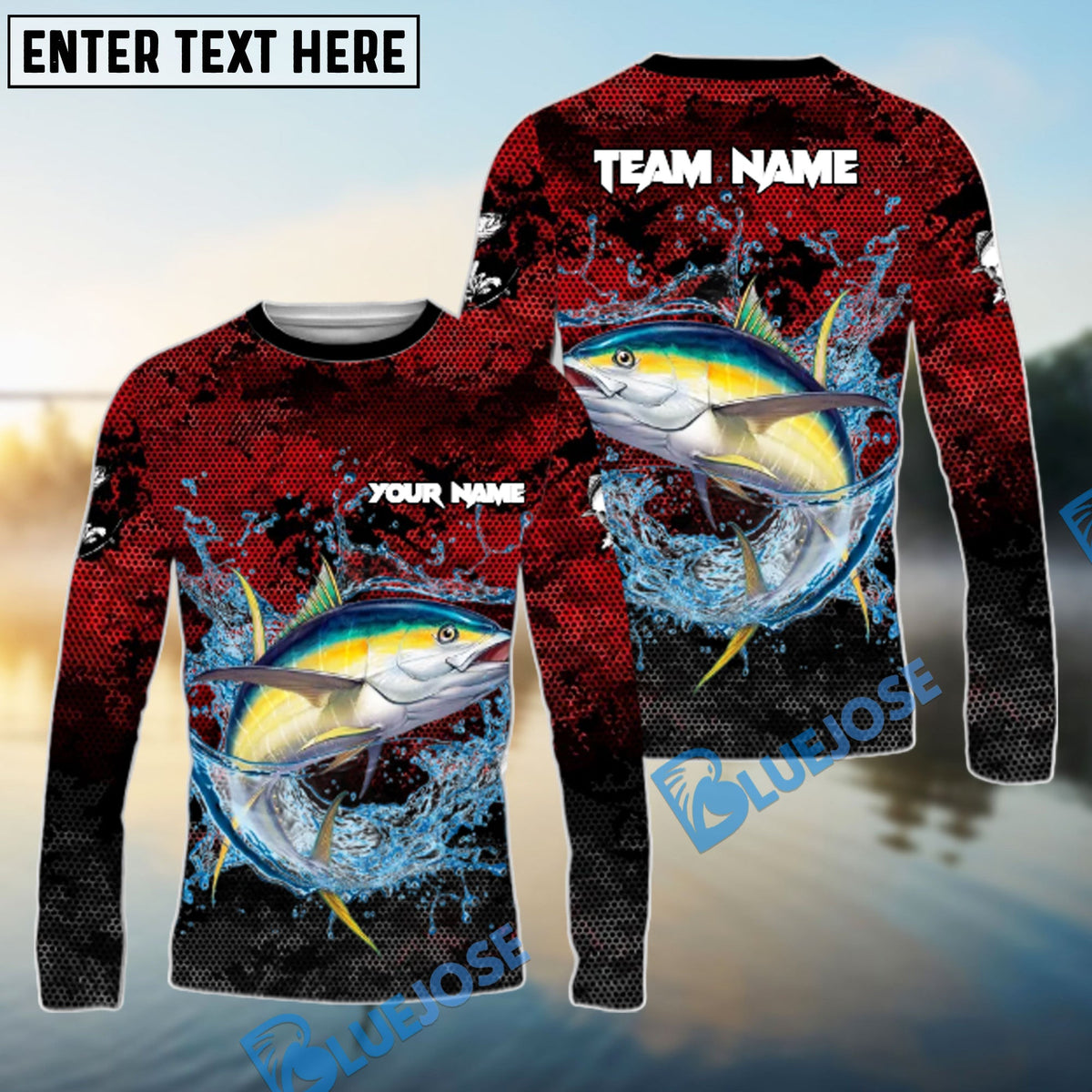 BlueJose Tuna Fishing Red Grunge Camo Design Name & Team Name 3D Shirts