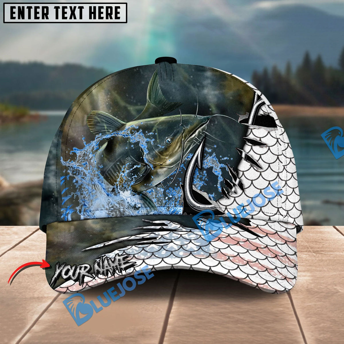 BlueJose Fishing Hook White Fish Scale American Flag Personalized Name Classic 3D Cap Personalized Cap (13 Breeds)
