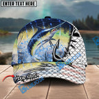 BlueJose Fishing Hook White Fish Scale American Flag Personalized Name Classic 3D Cap Personalized Cap (13 Breeds)