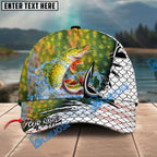 BlueJose Fishing Hook White Fish Scale American Flag Personalized Name Classic 3D Cap Personalized Cap (13 Breeds)