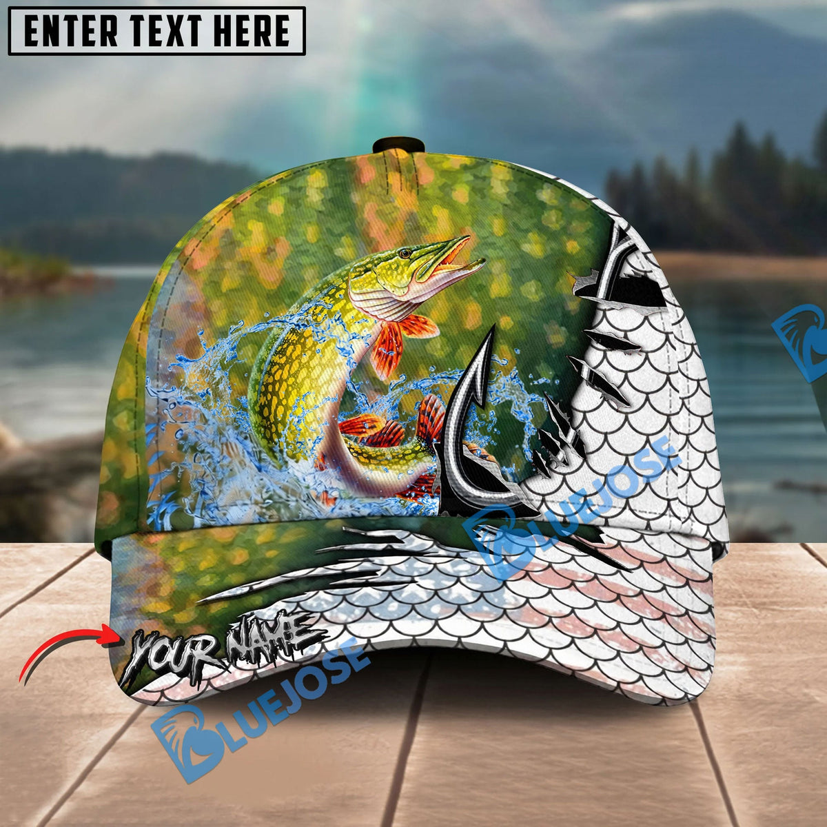 BlueJose Fishing Hook White Fish Scale American Flag Personalized Name Classic 3D Cap Personalized Cap (13 Breeds)